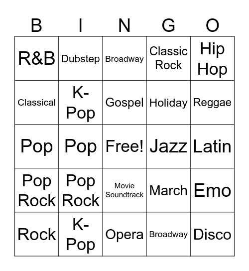 Music Genre Bingo Card