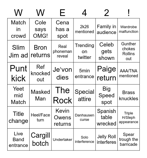 Wrestlemania 42 Bingo Card