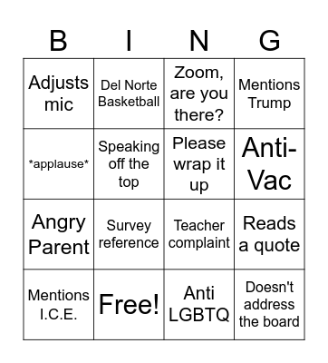 Public Forum Bingo Card