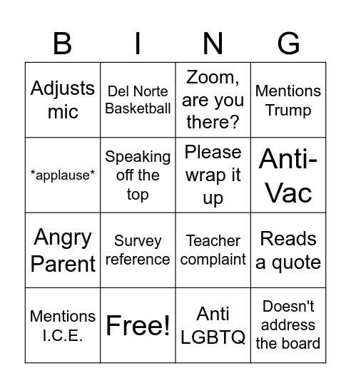 Public Forum Bingo Card