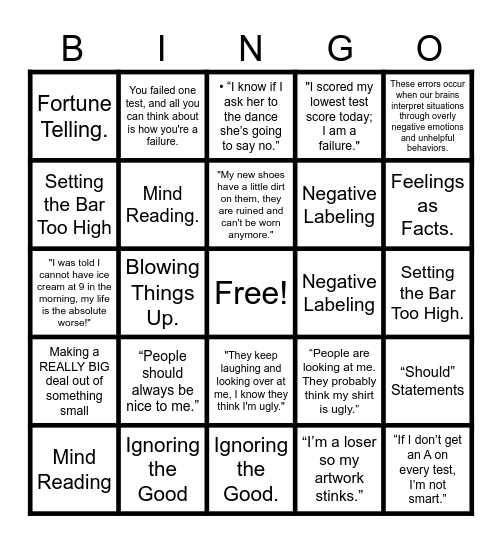 thinking errors Bingo Card