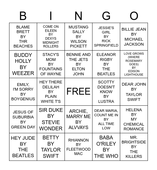 NAME That Tune Bingo Card