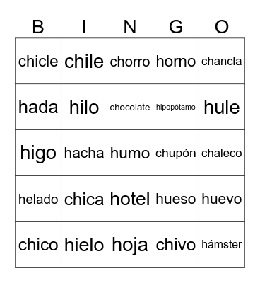 Palabras con Ch y H Bingo Card