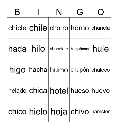 Palabras con Ch y H Bingo Card
