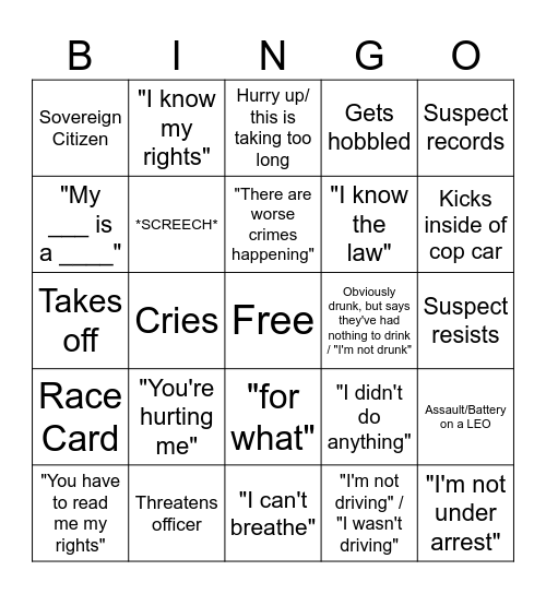 Bodycam BINGO Card