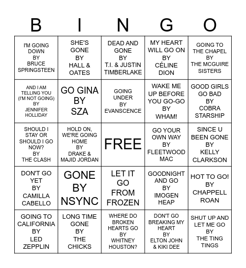 GO, GOING, GONE Bingo Card