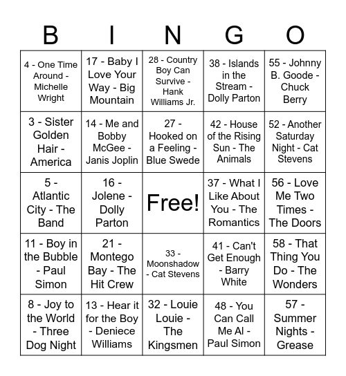 If I Could Turn Back Time Bingo Card