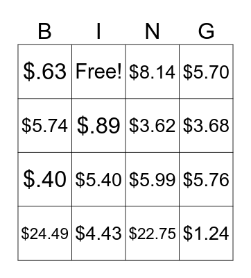 Money Math Bingo Card