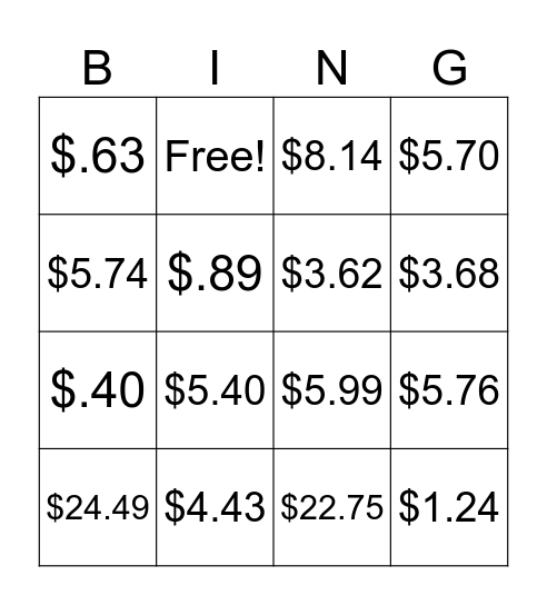 Money Math Bingo Card