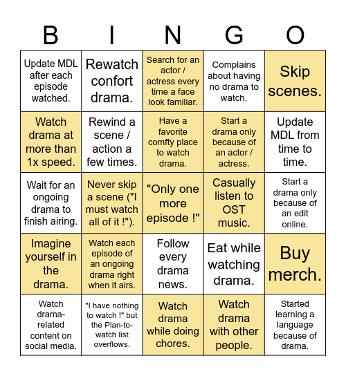My drama related habits Bingo Card