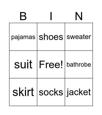 Clothes Bingo Card