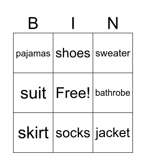Clothes Bingo Card
