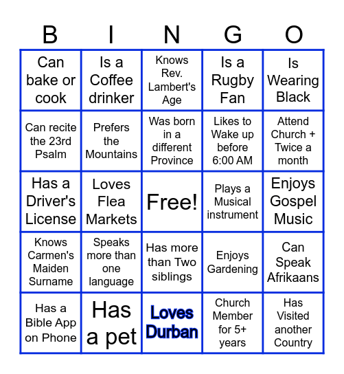 UCCSA Austerville Church Bingo Card