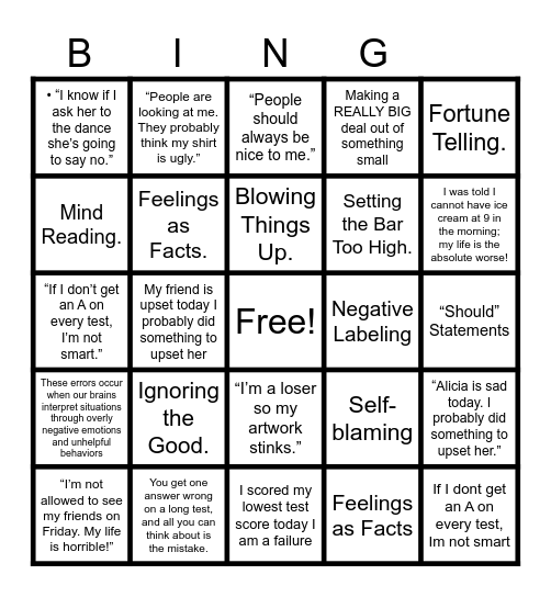 thinking errors Bingo Card