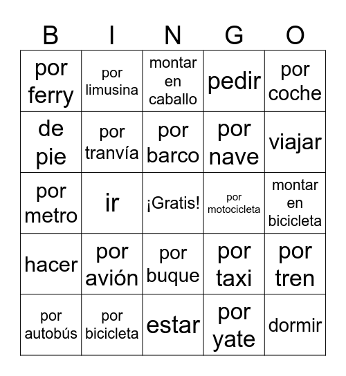 Los modos de transportación Bingo Card