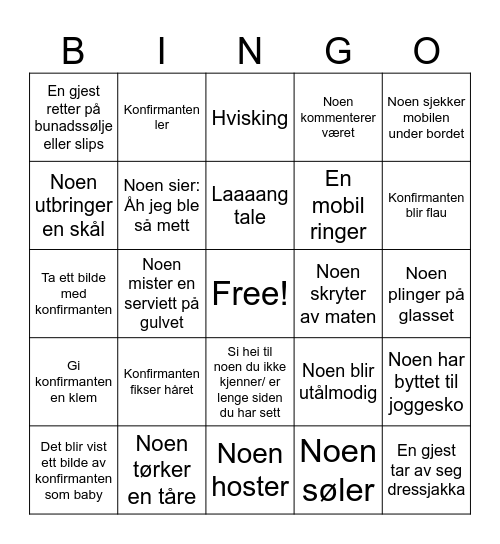 Minas konfirmasjon Bingo Card