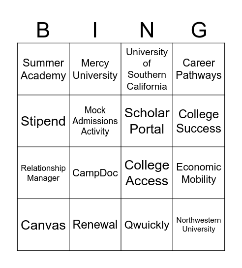 Thrive Scholars Terminology - Commuter Bingo Card