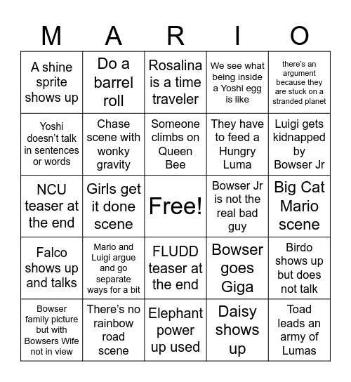 Mario movie 2 Bingo Card