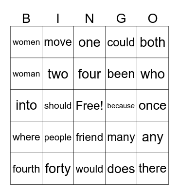 2nd grade sight word BINGO Card