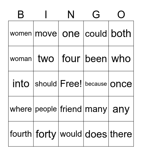 2nd grade sight word BINGO Card