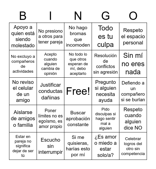 Relaciones sin control ni dependencia Bingo Card