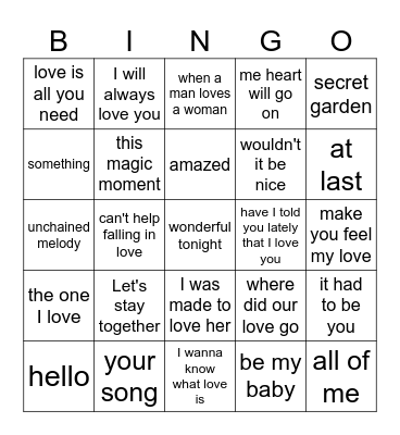 Love Songs Bingo Card