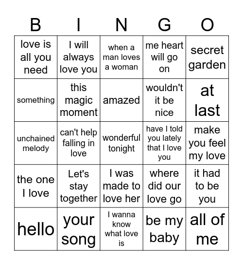 Love Songs Bingo Card