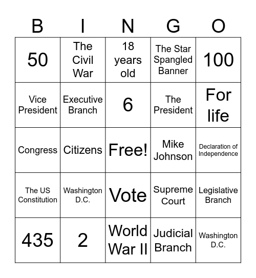 Civics Bingo! (We will learn these in future classes) Bingo Card