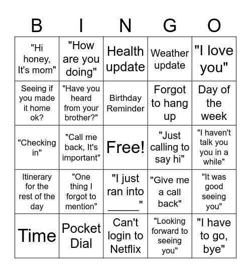 Voicemail from Mom Bingo Card