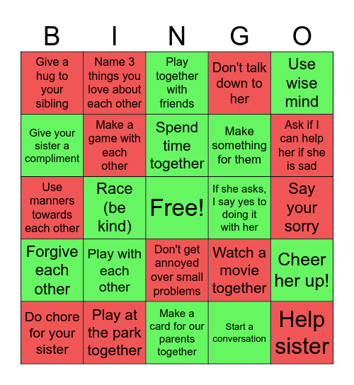 Sibling Bingo Card