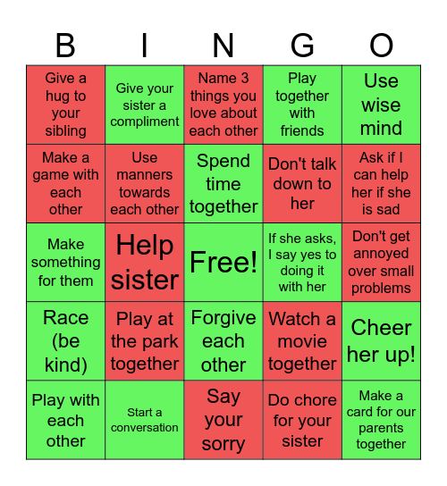 Sibling Bingo Card