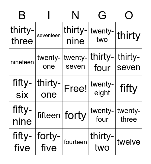 Numbers Bingo Card
