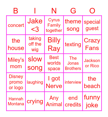 Hannah Montana Bingo Card