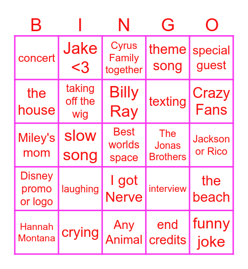 Hannah Montana Bingo Card