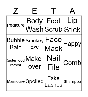 Zeta Spa Day Bingo Card