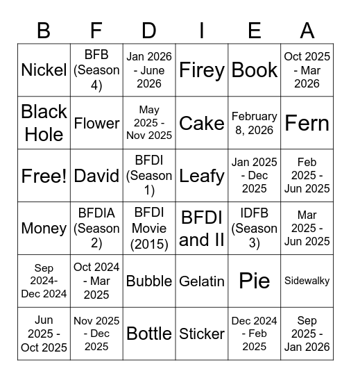 BFDIE Season 2 Predictions Bingo Card