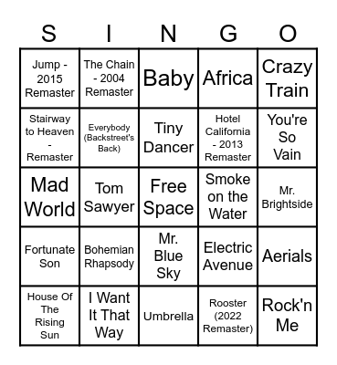 SINGO! Bingo Card