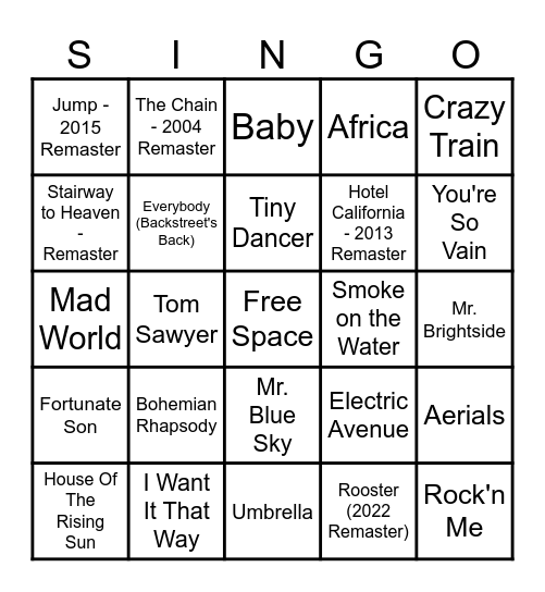 SINGO! Bingo Card
