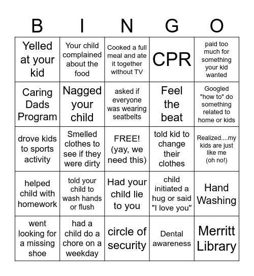 Parenting Bingo Card