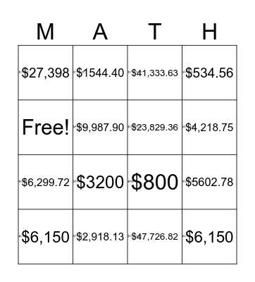 Simple & Compound Interest Bingo Card