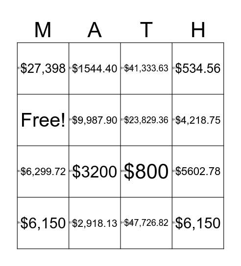 Simple & Compound Interest Bingo Card
