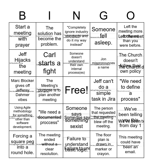 Church Meeting Bingo Card