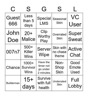 Forsaken Bingo Card