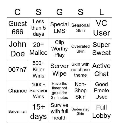 Forsaken Bingo Card