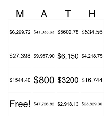 Simple & Compound Interest Bingo Card