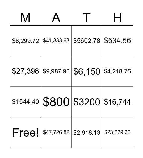 Simple & Compound Interest Bingo Card