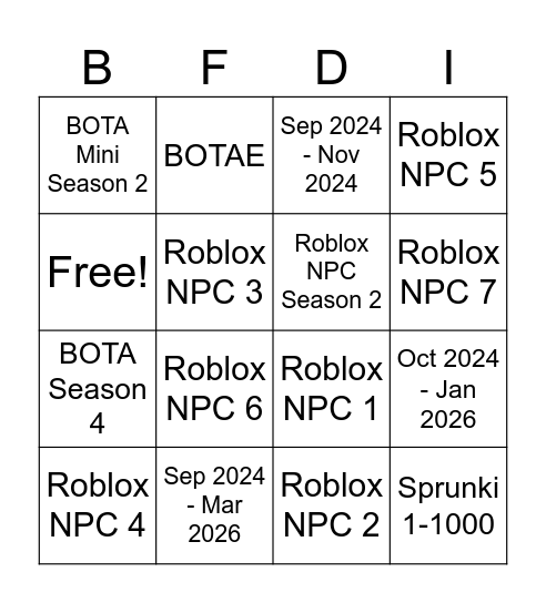 BFDIE S2 PREDICTIONS PART 2 Bingo Card