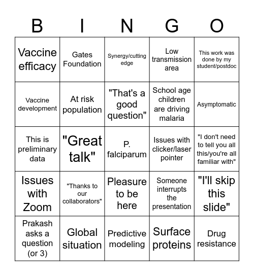 Malaria Friday Bingo Card