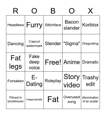 Roblox Cringe Bingo Card