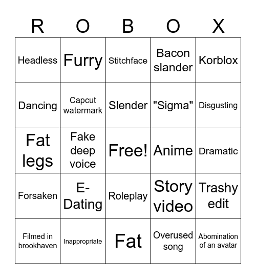 Roblox Cringe Bingo Card